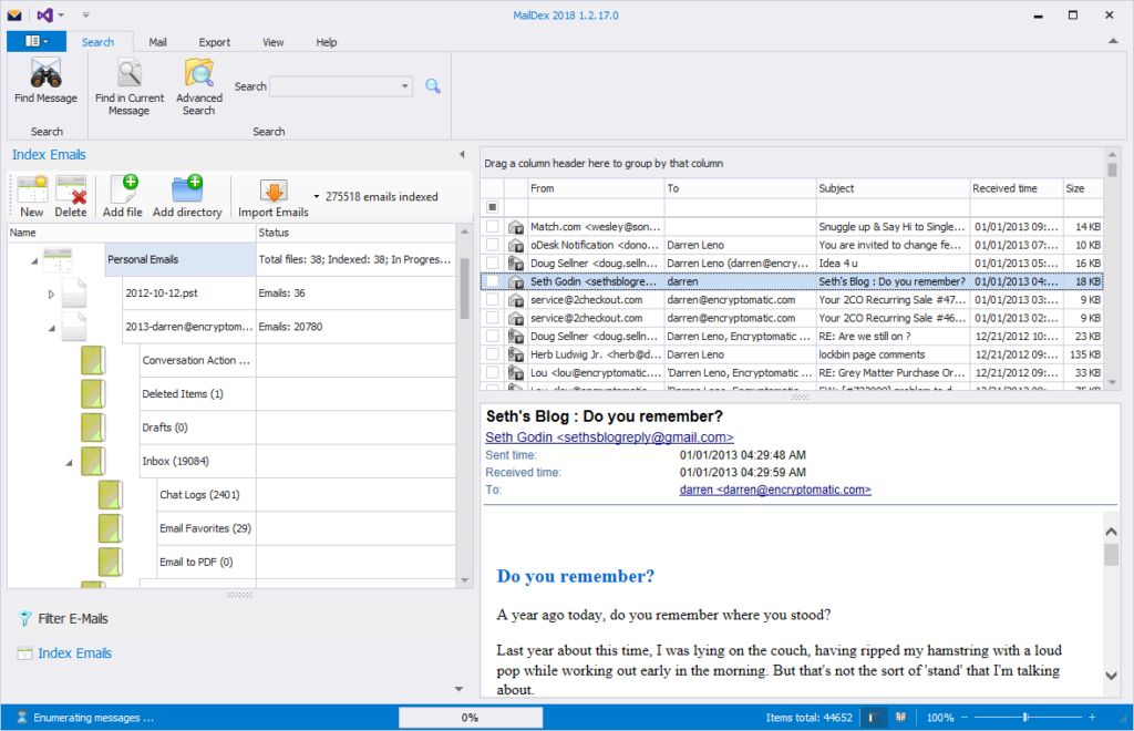 Screen image of MailDex main GUI is shown. Emails populate a grid on the right site.  An email preview is shown. On the left, MailDex projects are shown and can be selected.