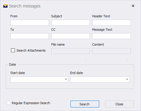 Screen shot of MailDex's "Search Messages" screen. You can search for text in From, Subject, Header, To, CC, Message, file attachments, and even set a start and end date.