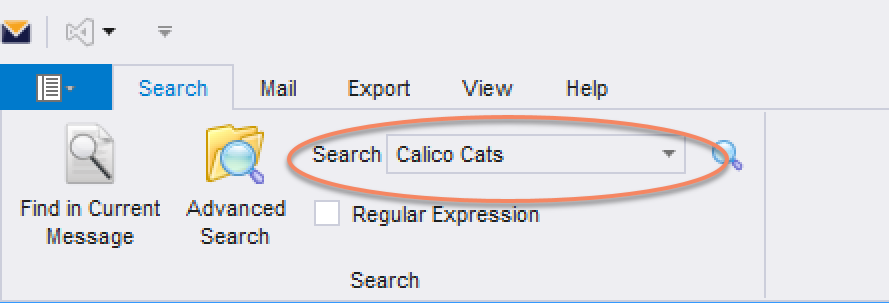 A screen image showing the MailDex Search panel. "Calico Cats" is entered into the Search box, as an example of text to search for.